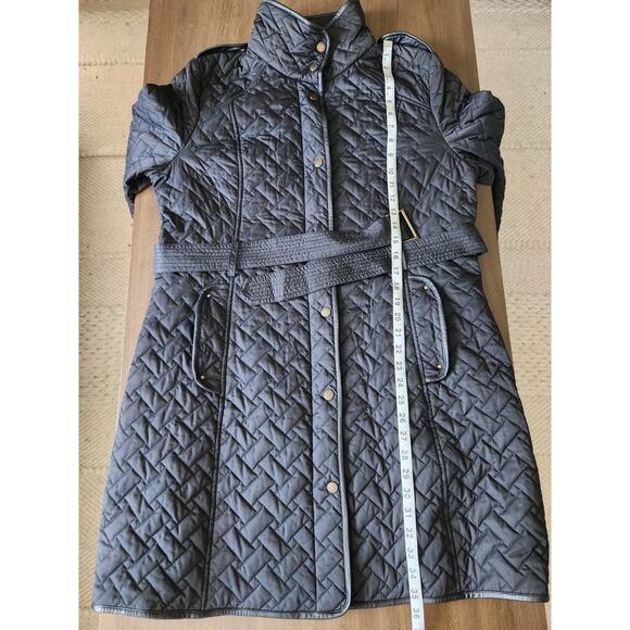 Cole Haan Quilted Coat Black Belted Trench Jacket W/ Lamb Skin Trim Women's L - Picture 9 of 9